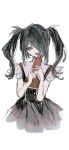  1girl absurdres ame-chan_(needy_girl_overdose) black_hair black_nails black_skirt collared_shirt commentary cropped_legs hair_over_one_eye hair_tie hands_up highres holding holding_phone long_hair looking_at_viewer monokage_(mattari_suru_go) multicolored_nails needy_girl_overdose open_mouth phone red_nails red_shirt shirt shirt_tucked_in simple_background skirt solo standing suspender_skirt suspenders symbol-only_commentary twintails violet_eyes white_background 