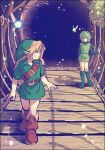  1boy 1girl belt blonde_hair boots brown_footwear collar commentary_request fairy floating green_collar green_footwear green_hair green_headwear green_tunic kwsby_124 link navi pointy_ears saria_(zelda) shield shield_on_back short_hair sword sword_on_back the_legend_of_zelda the_legend_of_zelda:_ocarina_of_time walking weapon weapon_on_back wooden_bridge wooden_shield young_link 