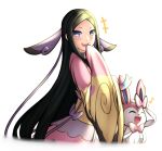  1girl :d black_hair choker highres japanese_clothes kimono long_hair long_sleeves looking_at_viewer musical_note open_mouth pinguinkotak pink_kimono pokemon pokemon_(creature) pokemon_xy purple_choker sleeves_past_fingers sleeves_past_wrists smile sylveon teeth upper_teeth_only valerie_(pokemon) very_long_hair violet_eyes white_background wide_sleeves 