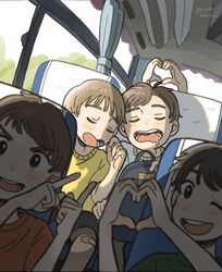  4boys :d backpack bag bandaid bandaid_on_leg blue_bag brown_hair bus_interior dated drooling dutch_angle green_shirt grey_hair heart heart_hands highres light_blush looking_at_viewer male_focus multiple_boys one_eye_closed orange_shirt original pointing shirt short_hair sleeping smile sunlight teeth upper_teeth_only wakaba_maekawa white_shirt yellow_shirt 