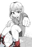  1girl cardigan clenched_hand cobblestone greyscale highres long_sleeves looking_at_viewer medium_hair monochrome nanann_(zxcv2186) original red_footwear red_theme shorts sitting smile solo spot_color 
