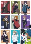  6+girls ^_^ absurdres adjusting_hair aqua_background arashiyama_squad&#039;s_uniform arm_behind_back ayatsuji_haruka black_footwear black_hair black_necktie black_skirt blonde_hair blue_background blue_jacket blunt_bangs bob_cut border_operator_uniform_(world_trigger) borrowed_clothes breasts brown_background brown_eyes brown_hair closed_eyes collage collared_shirt covered_mouth crossed_legs dressing fuyushima_squad&#039;s_uniform green_background grey_background grey_pantyhose hair_over_shoulder hand_to_own_mouth hand_up hands_up head_tilt highres holding holding_clothes holding_jacket invisible_chair jacket jacket_on_shoulders kako_squad&#039;s_uniform katagiri_squad&#039;s_uniform kazama_squad&#039;s_uniform kobayakawa_an kunichika_yuu kusakabe_saki kusakabe_squad&#039;s_uniform legs_together long_hair long_sleeves looking_at_viewer looking_back low_twintails lying maki_risa mikami_kaho miniskirt miwa_squad&#039;s_uniform multiple_girls necktie no_jacket no_neckwear on_back outside_border outstretched_leg pantyhose parted_hair pencil_skirt ponytail purple_background purple_hair purple_jacket red_background red_eyes red_jacket rindou_yuri shirt short_hair sideways_glance simple_background sitting skirt sleeves_past_fingers sleeves_past_wrists smile standing standing_on_one_leg straight_hair swept_bangs tachikawa_squad&#039;s_uniform tsukimi_ren twintails unworn_jacket violet_eyes w_arms wariza white_jacket white_shirt world_trigger yawai_tofu yuitsuka_karin 