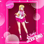  1girl barbie_(character) barbie_(franchise) bishoujo_senshi_sailor_moon blonde_hair bow character_name circlet commentary contrapposto drachea_rannak elbow_gloves english_commentary full_body gloves grey_eyes hair_bow heart high_heels holding holding_wand long_hair magical_girl miniskirt photo-referenced pink_bow pink_sailor_collar pink_skirt sailor_collar sailor_senshi_uniform skirt solo wand white_gloves 