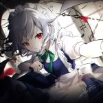  1girl apron blood blue_dress braid dress frilled_apron frills grey_hair highres holding holding_knife izayoi_sakuya knife looking_at_viewer maid maid_headdress puffy_short_sleeves puffy_sleeves red_eyes rokuya_(68_zusao) roman_numeral short_sleeves signature solo touhou twin_braids white_apron 