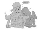  1boy 1girl android animal_on_shoulder animification apex_legends ash_(titanfall_2) bandana chinese_commentary chinese_text detached_hood greyscale hood hood_up humanoid_robot leaning_on_person looking_down monochrome mouse revenant_(apex_legends) robot ruu47 scarf simulacrum_(titanfall) squiggle thought_bubble white_background 