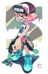  1girl anniversary bare_shoulders baseball_cap blue_footwear commentary_request dual_wielding gun hat highres hiko0v0 holding holding_gun holding_weapon inkling inkling_girl open_mouth pink_hair pointy_ears shadow shirt shoes short_hair sleeveless sleeveless_shirt solo splat_dualies_(splatoon) splatoon_(series) splatoon_2 teeth weapon white_shirt yellow_eyes 