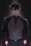  1boy artist_name black_background black_coat black_hair black_pants black_shirt blue_eyes buttons chizukeik closed_mouth coat coat_on_shoulders collared_shirt commentary double-breasted ear_piercing earrings english_commentary genshin_impact grey_hair grey_vest hair_between_eyes hands_in_pockets highres jewelry lapels long_sleeves looking_at_viewer male_focus multicolored_hair necktie pants parted_bangs piercing red_necktie scar scar_on_cheek scar_on_face scar_on_neck shirt short_hair simple_background smile smirk solo standing streaked_hair stud_earrings two-sided_coat two-sided_fabric vest wing_collar wriothesley_(genshin_impact) 