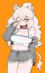  010mzam 1girl alternate_costume animal_ears bare_shoulders blue_eyes blush casual collarbone cowboy_shot crop_top dolphin_shorts grey_shorts grey_sweater hair_between_eyes highres kemono_friends lion_ears lion_girl lion_tail long_hair looking_at_viewer midriff navel off-shoulder_sweater off_shoulder one_eye_closed rubbing_eyes shirt short_shorts shorts sidelocks solo spaghetti_strap sweater tail white_hair white_lion_(kemono_friends) white_shirt 