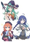  3girls ahoge bare_shoulders beret black_coat blue_eyes blue_hair blue_ribbon blush book bow braid coat collarbone commentary_request date_a_live gem green_eyes green_gemstone green_hair hair_bow hat hat_ornament highres long_braid long_hair long_sleeves multiple_girls mushoku_tensei natsumi_(date_a_live) open_mouth orange_hair princess_connect! ribbon roxy_migurdia smile smug suta0822 twin_braids violet_eyes water witch witch_hat yuni_(princess_connect!) 
