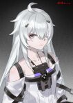  1girl ahoge angry bandage_over_one_eye closed_mouth dated detached_sleeves dress grey_dress grey_eyes grey_hair grey_sleeves hair_between_eyes highres long_hair long_sleeves looking_at_viewer no.21:_xxi_(punishing:_gray_raven) no.21_(punishing:_gray_raven) pale_skin punishing:_gray_raven shui_qian_he_kafei sidelocks 