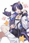  1boy alternate_costume animal_ears black_shorts blue_eyes cat cat_boy cat_ears cat_tail collar feathers genshin_impact hair_ornament hairclip highres jacket long_sleeves male_focus open_mouth purple_hair scaramouche_(cat)_(genshin_impact) scaramouche_(genshin_impact) shirt short_hair shorts smile socks star_(symbol) tail teeth tongue tongue_out unik0503 white_jacket white_socks 