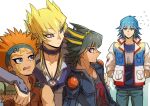  4boys arm_around_shoulder arms_behind_back black_hair black_shirt blonde_hair blue_eyes blue_hair blue_headband blue_jacket blue_shirt brown_jacket bruno_(yu-gi-oh!) coat collared_shirt confused crow_hogan dangle_earrings earrings facial_mark facial_tattoo fingerless_gloves flying_sweatdrops forehead_mark fudou_yuusei glaring gloves green_gloves hand_on_another&#039;s_arm headband highres jack_atlas jacket jewelry long_coat looking_to_the_side male_focus marking_on_cheek multicolored_hair multiple_boys necklace nervous nervous_smile nervous_sweating open_mouth orange_hair pants raised_eyebrows shirt short_hair short_hair_with_long_locks shoulder_pads simple_background sleeveless sleeveless_jacket sleeves_rolled_up smile spiky_hair standing streaked_hair sweat t-shirt tattoo violet_eyes white_background white_coat white_shirt youko-shima yu-gi-oh! yu-gi-oh!_5d&#039;s 