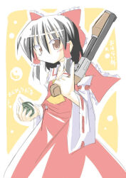  1girl ascot bow brown_eyes brown_hair commentary_request detached_sleeves explosive frilled_bow frilled_hair_tubes frills grenade gun hair_bow hair_tubes hakurei_reimu holding holding_gun holding_weapon ichidai_taisa long_hair looking_at_viewer red_bow red_skirt ribbon-trimmed_sleeves ribbon_trim shotgun skirt skirt_set solo touhou translation_request weapon yellow_ascot 