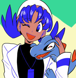  1girl black_shirt blue_eyes blue_hair commentary fangs hat highres jacket kris_(pokemon) lanyard long_hair long_sleeves missandydandy on_shoulder one_eye_closed open_mouth pokemon pokemon_(creature) pokemon_gold/silver/crystal pokemon_on_shoulder sharp_teeth shirt smile teeth totodile twintails untranslatable_commentary upper_body white_jacket 