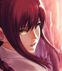  1girl braid braided_ponytail chainsaw_man close-up commentary from_behind looking_at_viewer looking_back makima_(chainsaw_man) parted_lips portrait red_hair red_lips ringed_eyes sidelocks single_braid smile solo yellow_eyes yoshino_(laencl) 
