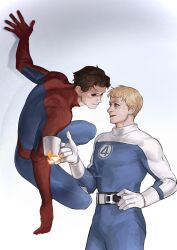  2girls animal_print blue_bodysuit bodysuit commentary cup english_commentary fantastic_four fire gloves guzaeolos highres johnny_storm male_focus marvel multicolored_bodysuit multiple_girls peter_parker red_bodysuit short_hair spider-man spider-man:_brand_new_day spider-man_(original_suit) spider-man_(series) spider_print superhero_costume the_fantastic_four:_first_steps two-tone_bodysuit 