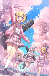  aki_(akisora_hiyori) animal_ears arm_up arms_behind_back bag bakatare_(hololive) blonde_hair blue_eyes blue_sky blush bow braid checkered_clothes checkered_skirt cherry_blossoms commentary_request dappled_sunlight day dutch_angle falling_petals fox_ears fox_girl fox_tail from_below full_body guitar_case hair_bow hair_ornament hairclip highres hololive horns instrument_case instrument_case_on_back jacket long_hair looking_at_another looking_at_viewer neck_ribbon omaru_polka open_clothes open_jacket outdoors parallel_hairclips petals pink_jacket pink_ribbon pleated_skirt pointy_ears ponytail ribbon scenery school_bag school_uniform sheep_girl sheep_horns shirakami_fubuki shiranui_flare shirt single_braid skirt sky smile spring_(season) stone_walkway sunlight tail tree tsunomaki_watame twintails virtual_youtuber walking waving white_hair white_shirt 