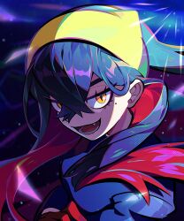  1girl :d carmine_(pokemon) commentary_request crossed_bangs fang gloves hair_between_eyes hairband hand_up highres jacket korean_commentary looking_to_the_side lower_teeth_only mole mole_under_eye open_mouth pokemon pokemon_scarlet_and_violet red_gloves smile solo teeth ufo_sw upper_body yellow_eyes yellow_hairband 