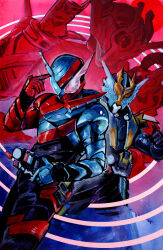  3boys absurdres animification build_driver commentary english_commentary hand_up highres kamen_rider kamen_rider_build kamen_rider_build_(rabbittank_form) kamen_rider_build_(series) kamen_rider_cross-z kamen_rider_evol looking_at_viewer maeca_art male_focus multiple_boys rabbit_fullbottle rider_belt tank_fullbottle tokusatsu 