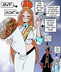  black_hair bleach bleach:_sennen_kessen-hen blue_dress blush bouquet chi_kusari_no_ichigo cleavage_cutout closed_eyes clothing_cutout collared_vest crown dark_skin detached_sleeves dress energy_chains glasses gloriosa_(flower) holding holding_bouquet horns inoue_orihime ishida_uryuu kuchiki_rukia kurosaki_ichigo long_hair orange_hair parted_bangs red_eyes ribbed_vest shihakusho skirt thumbs_up very_long_hair vest wanderjegson waving white_hair white_skirt white_vest 