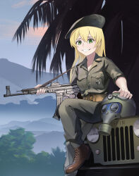  absurdres assault_rifle beret blonde_hair boots brown_boots commentary cross english_commentary full_body gewehrbroker girls_frontline green_eyes green_pants green_shirt gun gun_sling hat highres holding holding_gun holding_weapon iron_cross long_hair looking_at_viewer military_uniform military_vehicle mountain palm_tree pants rifle shirt sitting smile stg44 stg44_(girls'_frontline) tree vehicle_request weapon 