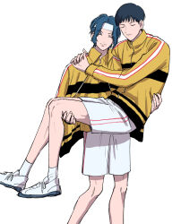  2boys ^_^ arms_around_neck black_hair blue_hair carrying carrying_person choppy_bangs closed_eyes commentary_request facing_viewer feet_out_of_frame finganils full_body hands_on_another's_shoulder headband highres jacket jacket_on_shoulders knees long_bangs male_focus multiple_boys parted_bangs parted_hair polo_shirt princess_carry red_trim shirt shoes short_hair shorts simple_background smile sneakers socks sportswear sweatband tennis_no_ouji-sama tennis_uniform track_jacket two-tone_shirt u_u v-shaped_eyebrows very_short_hair white_background white_headband white_shoes white_shorts white_socks white_trim x09cc yellow_jacket yellow_shirt yukimura_seiichi 
