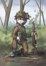  blue_sky bolt_action brown_hair bush clouds day english_commentary green_eyes green_pants green_shirt gun gun_sling helmet_net highres lee-enfield load-bearing_vest looking_at_object medium_hair on_one_knee pants rifle shirt sky soldier tree warriordesu weapon world_war_ii 