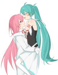  2girls absurdres arm_tattoo arms_around_neck black_dress blue_eyes blue_hair carrying carrying_person closed_eyes closed_mouth commentary_request dress elbow_gloves gloves hatsune_miku highres jacket long_hair lukamiku390 megurine_luka multiple_girls open_mouth pink_hair simple_background smile tattoo thigh-highs tuxedo twintails two-tone_dress vocaloid white_background white_dress white_gloves white_jacket white_thighhighs yuri 