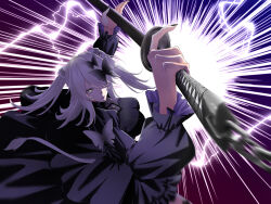  1girl animal_ears attacking_viewer black_dress black_nails breasts butterfly_hair_ornament commentary_request dress electricity emphasis_lines feet_out_of_frame from_side grey_eyes grey_hair hair_ornament hair_over_one_eye highres holding holding_sword holding_weapon hololive large_breasts lion_ears lion_girl lion_tail long_hair motion_blur shishiro_botan solo swinging_weapon sword tail tail_through_clothes twintails usukimibilly88 virtual_youtuber weapon 