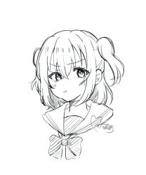  1girl :i blush bow bowtie cropped_head greyscale highres kurosawa_ruby looking_at_viewer love_live! love_live!_sunshine!! medium_hair monochrome pout sailor_collar school_uniform simple_background solo two_side_up uranohoshi_school_uniform v-shaped_eyebrows wataame._(rubytan_25) white_background 