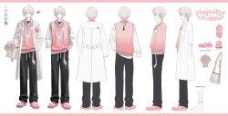  1boy absurdres bag black_pants black_shirt character_name closed_mouth coat collarbone collared_shirt color_guide commentary_request copyright_name crocs doctor double-parted_bangs drawstring eyewear_hang fingernails full_body hair_between_eyes hand_in_pocket highres id_card keki_chogyegi knit_sweater korean_commentary lab_coat lanyard lapels letterboxed looking_at_viewer male_focus multicolored_hair multiple_views notched_lapels official_art open_clothes open_coat pants pen pink_eyes pink_hair pink_shoes pink_sweater pink_sweater_vest pom_pom_(clothes) profile scissors second-party_source shirt shirt_under_sweater shoes short_hair shoulder_bag simple_background sleeves_past_wrists socks standing stethoscope stuffed_animal stuffed_rabbit stuffed_toy sweater sweater_vest sweatpants turnaround two-tone_hair undays untucked_shirt unworn_eyewear utaite v-neck virtual_youtuber white_background white_hair white_shirt white_socks yuno_(undays) 