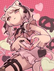 1girl ahoge animal_ears belt bow bowtie commentary_request feet_out_of_frame from_below from_side grey_hair hair_ribbon heart heart_hands highres hololive lion_ears lion_girl lion_tail looking_at_viewer miage_midori outline pink_background pink_skirt ribbon shishiro_botan shishiro_botan_(jirai_kei) skirt solo suspender_skirt suspenders tail thigh_strap twintails virtual_youtuber 