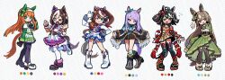  >_o 6+girls absurdres animal_ears aqua_bow aqua_socks ascot asymmetrical_footwear asymmetrical_gloves black_boots black_gloves black_hair black_jacket black_pantyhose black_skirt black_thighhighs blue_eyes blue_gloves blunt_bangs blush boots bow bowtie braid brown_hair brown_thighhighs buttons cape chanchanko_(clothes) cleavage_cutout closed_mouth clothing_cutout coat collared_shirt commentary_request curtsey detached_sleeves double-breasted dress ear_bow ear_covers ear_ornament ear_ribbon epaulettes frilled_coat frilled_jacket frills gloves green_dress green_sailor_collar green_shrug green_sleeves hair_between_eyes hairband half_up_braid highres hime_cut horse_ears horse_girl horse_tail jacket kitasan_black_(gilded_shrine_to_glory)_(umamusume) kitasan_black_(umamusume) knee_boots long_hair long_sleeves looking_at_viewer mejiro_mcqueen_(frontline_elegance)_(umamusume) mejiro_mcqueen_(umamusume) miniskirt mismatched_footwear mismatched_gloves multicolored_hair multicolored_jacket multiple_girls one_eye_closed open_mouth orange_hair orange_tail pantyhose patterned_hair pink_ascot pleated_skirt ponytail purple_bow purple_hair purple_ribbon purple_vest red_cape ribbon rope sailor_collar sandals satono_diamond_(natural_brilliance)_(umamusume) satono_diamond_(umamusume) shimenawa shirt shoes short_hair short_sleeves shrug_(clothing) silence_suzuka_(innocent_silence)_(umamusume) silence_suzuka_(umamusume) single_epaulette single_hair_streak skirt sleeves_past_fingers sleeves_past_wrists smile socks special_week_(special_dreamer)_(umamusume) special_week_(umamusume) standing standing_on_one_leg streaked_hair striped_clothes striped_shirt tail takuan_(taku1219oekaki) thigh-highs thumbs_up tokai_teio_(peak_joy)_(umamusume) tokai_teio_(umamusume) twitter_username two-tone_hair two-tone_jacket two-tone_skirt umamusume very_long_hair vest violet_eyes white_boots white_gloves white_hair white_hairband white_jacket white_shirt white_shoes white_skirt white_streaks white_thighhighs wide_sleeves wristband 