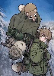  1girl :< absurdres anger_vein angry animal_ears backpack bag blue_sky brown_eyes brown_hair canteen clear_sky day empty_eyes fox fox_ears fox_girl fox_girl_(yihan_world) fox_tail green_jacket gun handgun highres holding holding_stick jacket object_in_pocket original outdoors pocket ponytail sack sky snow solid_circle_eyes solo squirrel stick tail tree weapon winter yihan_world 