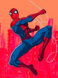  highres marvel peter_parker red_background solo spider-man spider-man_(series) 