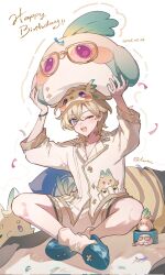  1boy aged_down animal arms_up aventurine_(boys'_dormitory)_(honkai:_star_rail) aventurine_(honey_dice)_(honkai:_star_rail) aventurine_(honkai:_star_rail) aventurine_(origami_bird)_(honkai:_star_rail) bird cake_cat_(honkai:_star_rail) commentary_request corrupted_twitter_file dated full_body green_slippers happy_birthday highres holding holding_animal holding_bird honkai:_star_rail honkai_(series) indian_style looking_at_viewer male_focus mask mask_on_head minamiyori multicolored_eyes neck_tattoo official_alternate_costume one_eye_closed open_mouth origami_bird_(honkai:_star_rail) pajamas shorts simple_background sitting sleep_mask slippers socks solo tattoo teeth two-tone_eyes upper_teeth_only white_background 