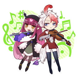  1boy 1girl beamed_sixteenth_notes black_shoes blunt_bangs bow_(music) chibi commentary_request cursed_musician dotted_quarter_note feather_hair_ornament feathers fermata flute grey_eyes hair_ornament harpy_(maou-jou_de_oyasumi) head_wings highres holding holding_bow_(music) holding_instrument holding_violin instrument long_sleeves maou-jou_de_oyasumi musical_note pantyhose pink_hair pointy_ears ranchu000 sharp_sign shoes smile sweatdrop treble_clef violin wings 