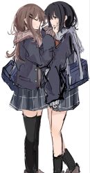 2girls adachi_sakura adachi_to_shimamura bag black_hair black_jacket black_socks black_thighhighs blazer brown_hair brown_scarf closed_eyes green_eyes grey_scarf highres ichiha_(ichi_u2) jacket long_hair looking_at_another medium_hair multiple_girls parted_lips scarf school_bag shimamura_hougetsu simple_background socks thigh-highs white_background yuri 