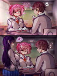  ! 1boy 2girls absurdres anger_vein artist_name breast_envy breasts classroom colored_speech_bubble commentary cupcake doki_doki_literature_club eating english_commentary food heart highres large_breasts likesac multiple_girls natsuki_(doki_doki_literature_club) protagonist_(doki_doki_literature_club) school_uniform sitting speech_bubble tagme thought_bubble yuri_(doki_doki_literature_club) 