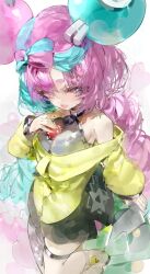  1girl absurdres bow bow-shaped_hair character_hair_ornament fake_hair_bun grey_pantyhose hair_ornament halter_shirt halterneck highres holding holding_poke_ball iono_(pokemon) jacket looking_at_viewer magnemite multicolored_hair open_mouth oversized_clothes pantyhose poke_ball poke_ball_(basic) pokemon pokemon_scarlet_and_violet sharp_teeth single_leg_pantyhose sleeves_past_wrists solo split-color_hair teeth terikanz two-tone_hair white_background yellow_jacket 