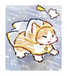  animal animal_focus baby_animal border cat closed_eyes clothed_animal commentary full_body gentlecat highres hood hood_up kitten no_humans original outdoors rain raincoat see-through_clothes see-through_raincoat solo_focus standing untranslatable_commentary white_border wind yellow_cat 