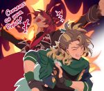  2boys absurdres black_jacket black_shirt blonde_hair brown_hair cape covered_eyes crazy_laugh crazy_smile crown earrings english_text fire gloves goldbullet green_cape highres holoarmis holostars holostars_english jacket jewelry jurard_t_rexford long_hair mararu multicolored_hair multiple_boys one_eye_closed open_mouth outline outstretched_arms partially_fingerless_gloves ponytail redhead sharp_teeth shirt short_hair smile spread_arms streaked_hair sweatdrop teeth two-tone_hair upper_body virtual_youtuber white_outline yellow_eyes 