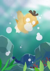  algae beak bird cocoro_the_c commentary_request coral duck no_humans pokemon pokemon_(creature) pokemon_focus psyduck solo underwater webbed_feet 