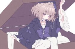  1girl aged_down arm_up beret black_capelet black_hat bow bowtie box brown_hair capelet choker closed_mouth commentary_request feet_out_of_frame flower frilled_choker frills genshou_ex hat hat_flower herta_(honkai:_star_rail) herta_(stars_silent_as_enigmas)_(honkai:_star_rail) honkai:_star_rail honkai_(series) in_box in_container long_sleeves looking_at_viewer purple_bow purple_bowtie purple_flower short_sleeves simple_background sitting solo violet_eyes white_background 