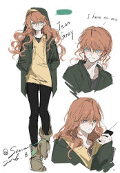  1girl blue_eyes brown_hair chinese_commentary commentary_request hair_between_eyes highres hood hoodie jean_grey layered_clothes long_hair long_sleeves marvel spider-man:_brand_new_day spider-man_(series) suan-huanggua_sanmingzhi white_background x-men 