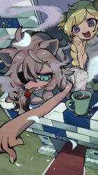  ahoge animal_ears aqua_eyes arm_tattoo balcony blonde_hair braid braided_twintails brick cigar coffee coffee_mug commentary_request cup deformed eyepatch facing_viewer fang flower from_above from_side grass grey_hair grey_sweater highres hololive horns house leaning_forward lion_ears lion_girl lion_tail miage_midori mug perspective sheep_girl sheep_horns shirt shishiro_botan sleeveless sleeveless_sweater smoke smoking steam sweater tail tattoo tsunomaki_watame violet_eyes virtual_youtuber watermark white_shirt 