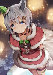  1girl animal_ears belt blue_eyes blurry blush bokeh bow bowtie brown_belt christmas closed_mouth commentary_request cowboy_shot depth_of_field dress ear_covers fur-trimmed_dress fur_trim green_bow green_bowtie grey_hair highres holding holding_sack horse_ears horse_girl looking_at_viewer red_dress sack santa_costume se-u-ra seiun_sky_(umamusume) short_hair single_ear_cover smile solo standing thigh_strap umamusume 