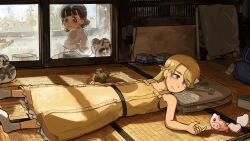  2girls absurdres baby_animal bird black_hair black_shorts blonde_hair blue_eyes book bored chicken commentary diva_(hyxpk) dress duck duckling english_commentary grey_eyes highres long_hair lying multiple_girls on_floor original piggy_bank sad shirt short_hair shorts socks white_shirt yellow_dress yellow_socks 