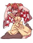  1girl absurdres apron bell brown_footwear checkered_clothes checkered_kimono clothes_writing commentary eddybird55555 hair_bell hair_ornament highres japanese_clothes kimono looking_at_viewer motoori_kosuzu orange_eyes redhead short_hair simple_background solo tongue tongue_out touhou two_side_up white_background yellow_apron 