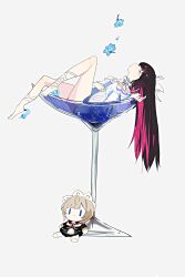  1girl absurdres bare_legs barefoot black_hair blue_flower character_doll closed_eyes cocktail_glass columbina_(genshin_impact) commentary cup doll dress drinking_glass flower full_body genshin_impact head_wings highres hutomomo117 long_hair lying multicolored_hair on_back pink_hair short_dress streaked_hair white_background white_dress white_wings wings 